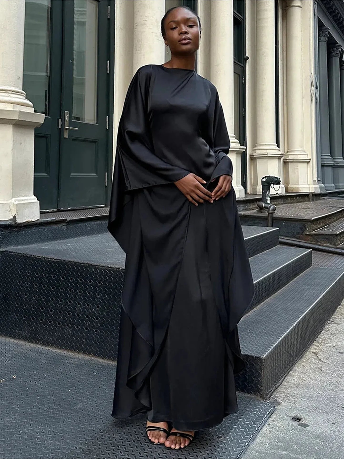 Satin Cloak Long Sleeve Loose Kaftan Dress 2024