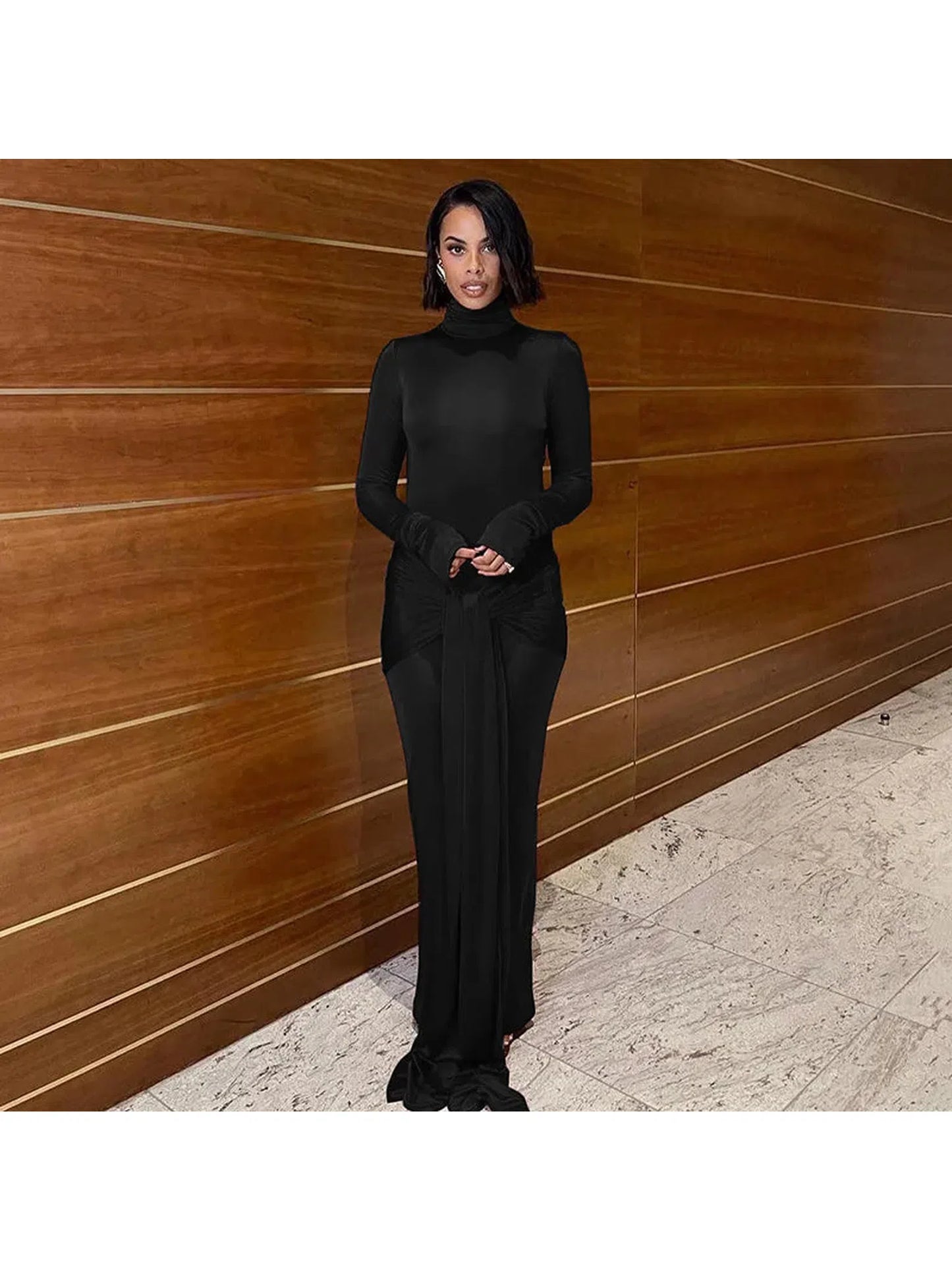 Turtleneck Long Sleeve Maxi Dress Femme Evening Wear