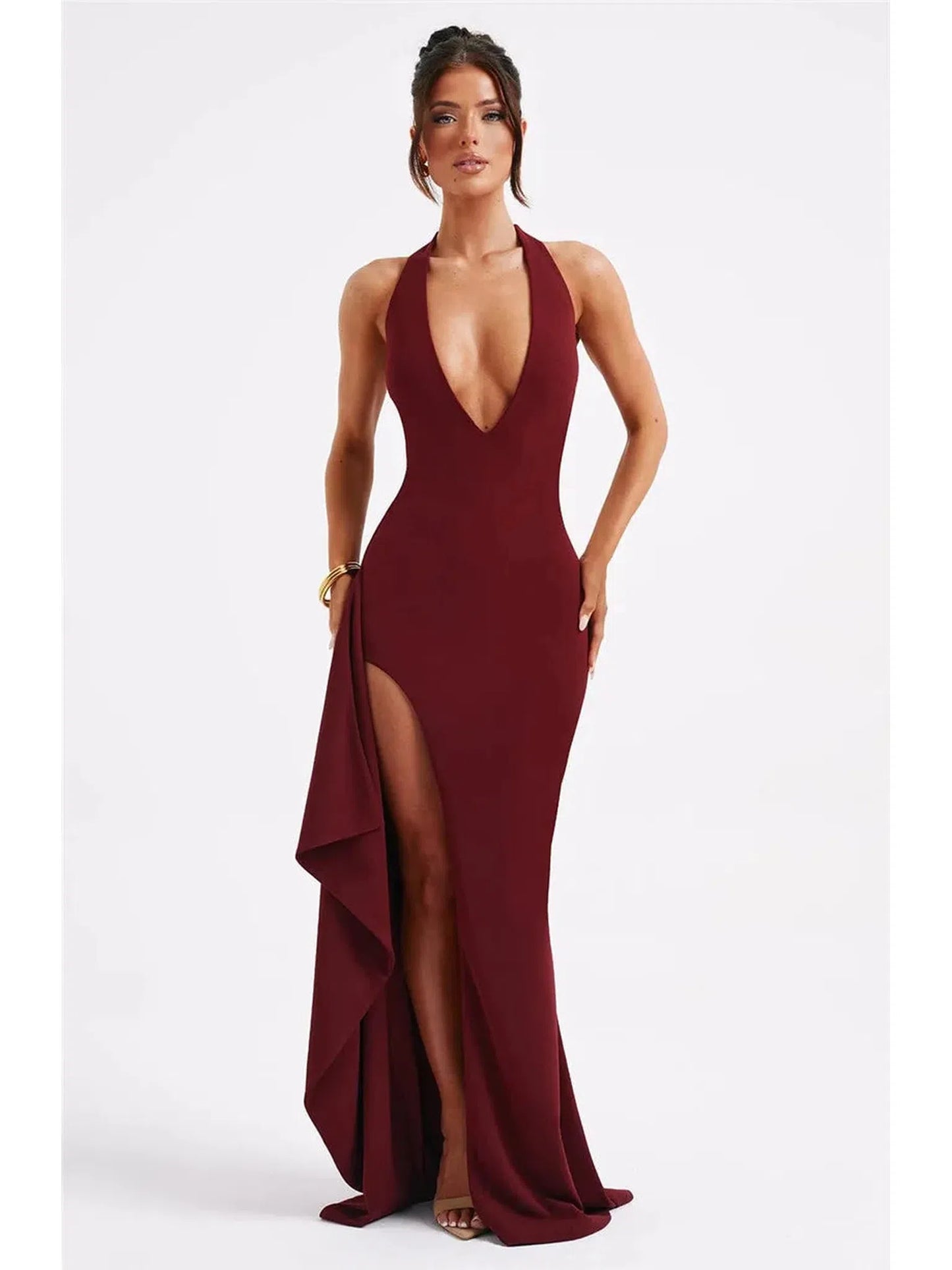 Deep V Neck Thigh High Split Maxi Dress Women Halter Backless