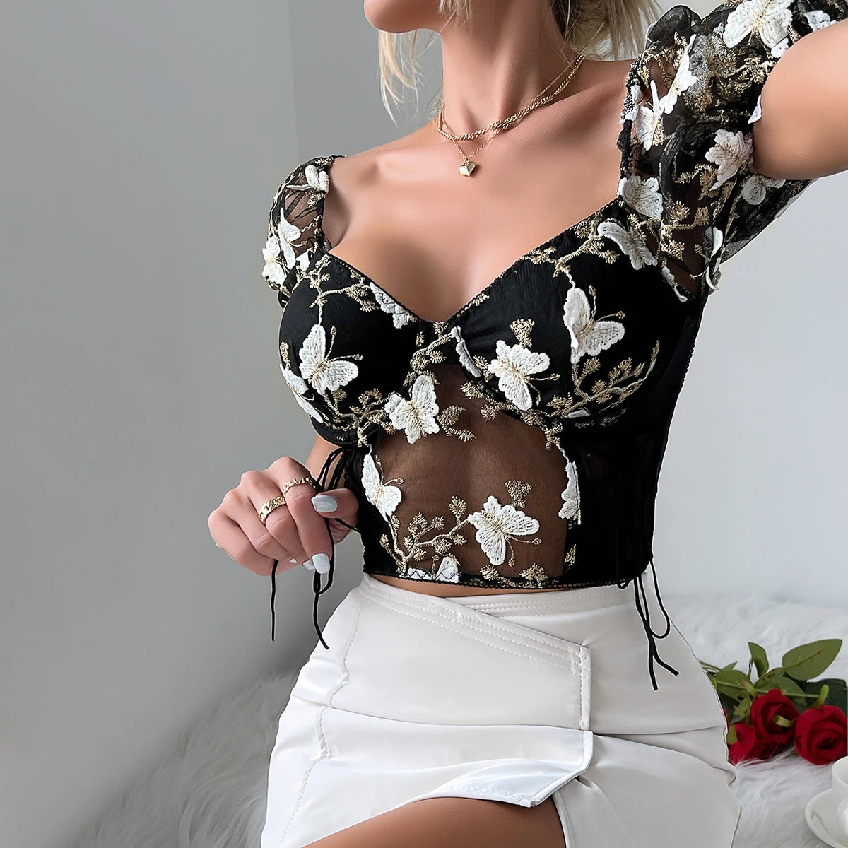 Sexy Mesh See-Through Crop Top with Butterfly Embroidery