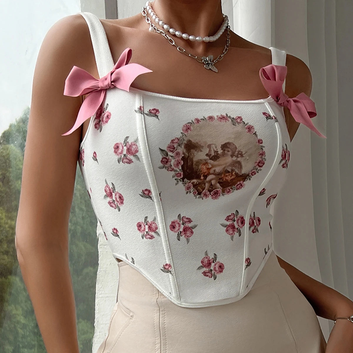 Sexy Strappy Y2K Printed Crop Top with Bow Detail