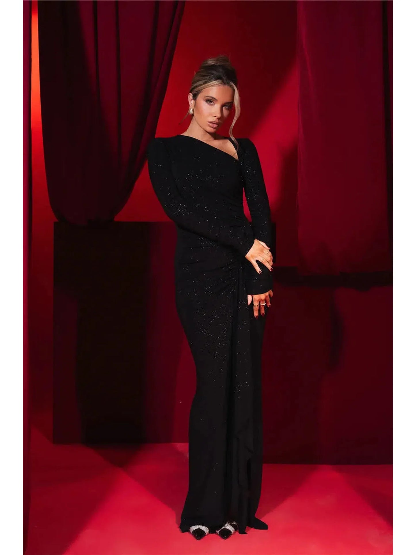 Sparkle Long Sleeve Ruched Maxi Dress With Thigh High Split