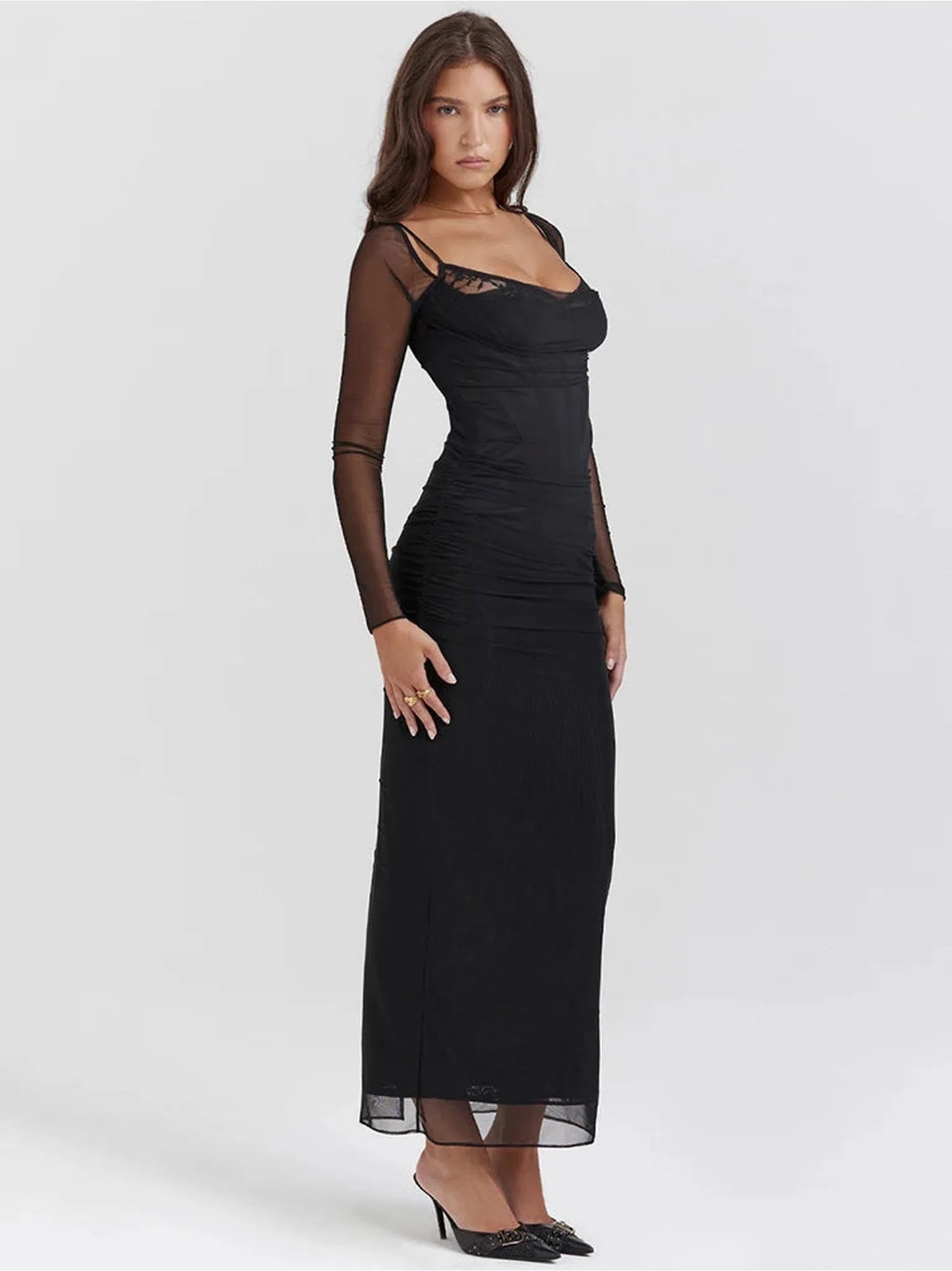 Elegant Sheer Long Sleeve Bodycon Maxi Dress