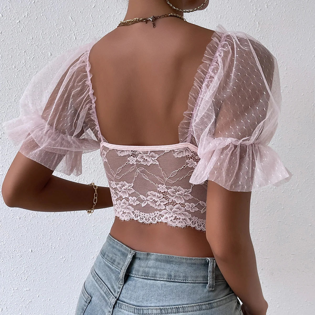 Bare Shoulder V-Neck Sheer Puff Sleeve Crop Top