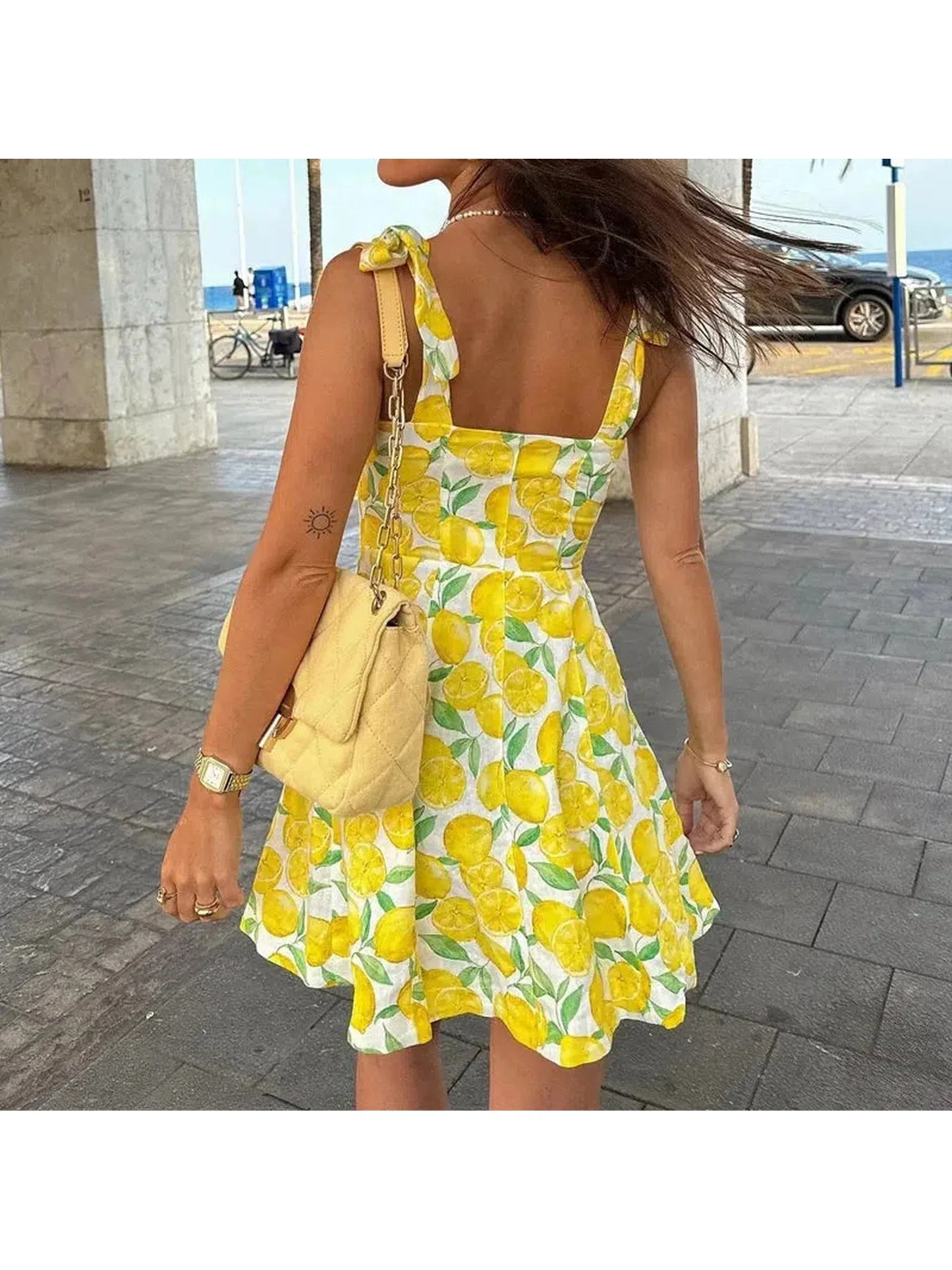 Fruit Print Yellow Pink Mini Dress with Bow Detail