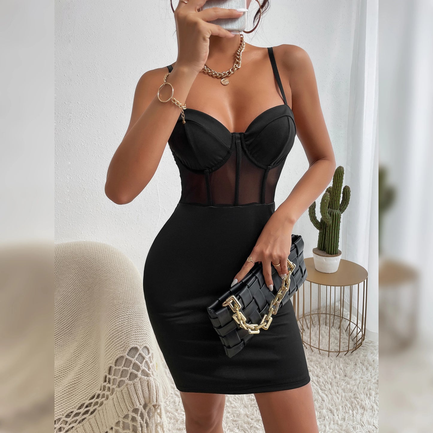 Hollow Mesh Sheer V Neck Club Dress