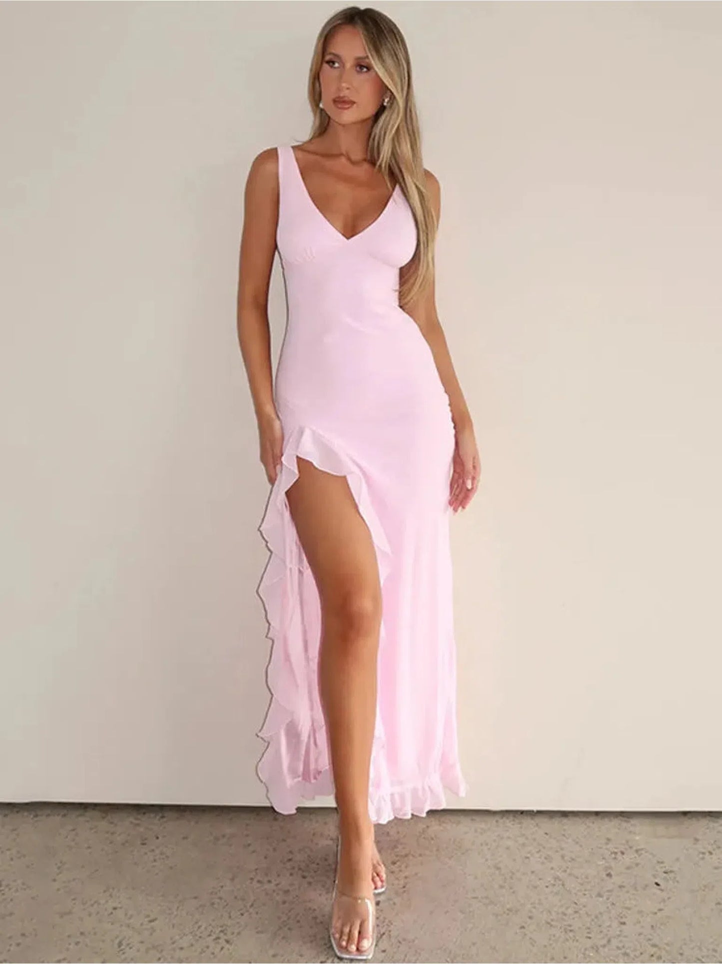 Elegant Sleeveless Ruffle Maxi Dress With Deep V Neck