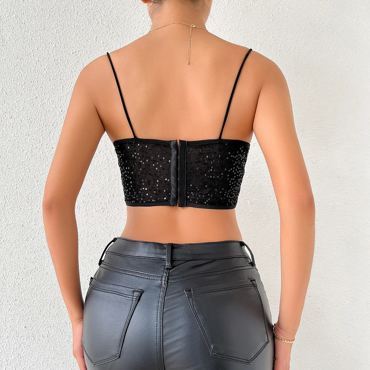 Black Backless Slim V Neck Halter Crop Top