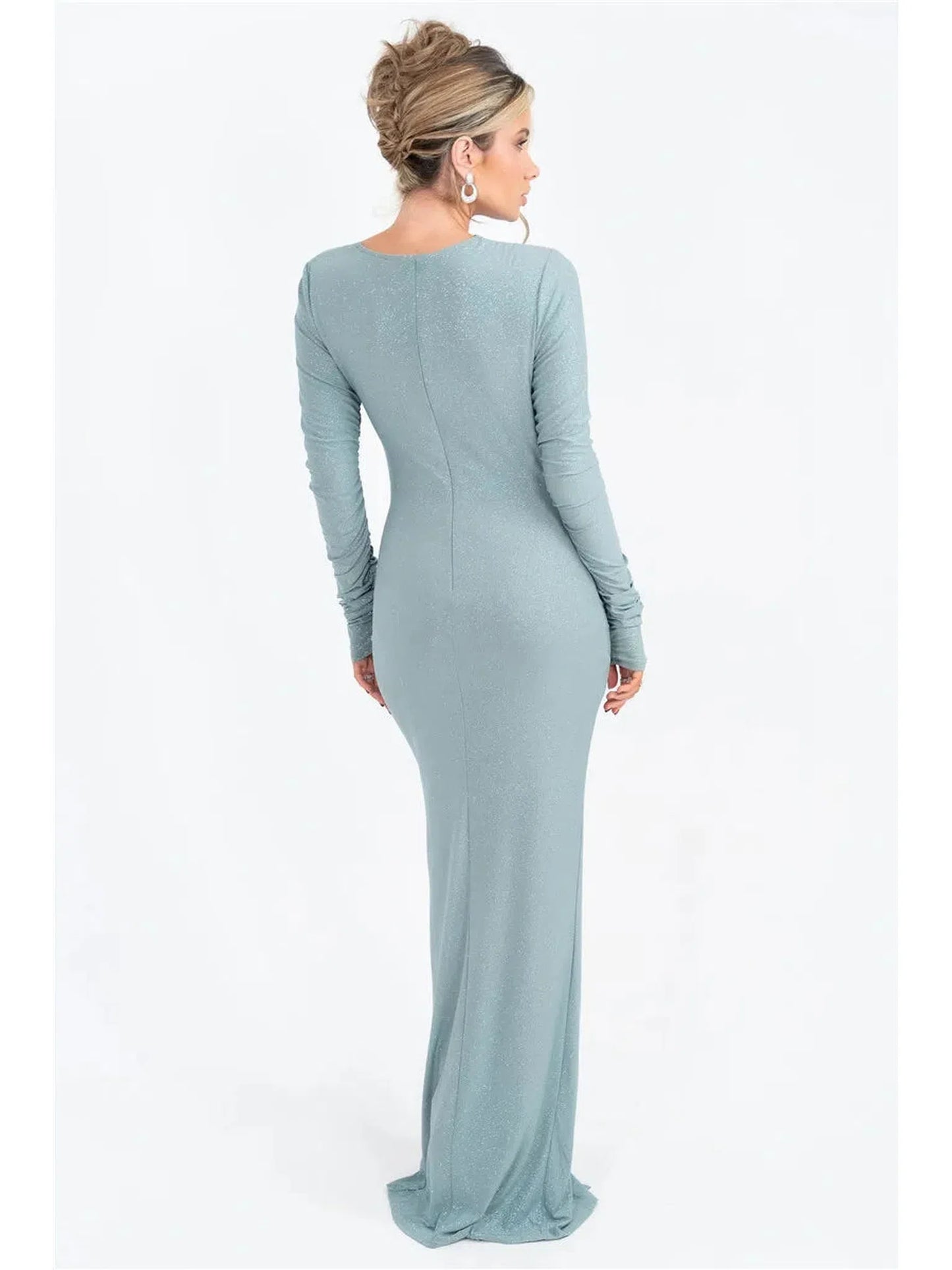 Sparkle Long Sleeve Ruched Maxi Dress With Thigh High Split