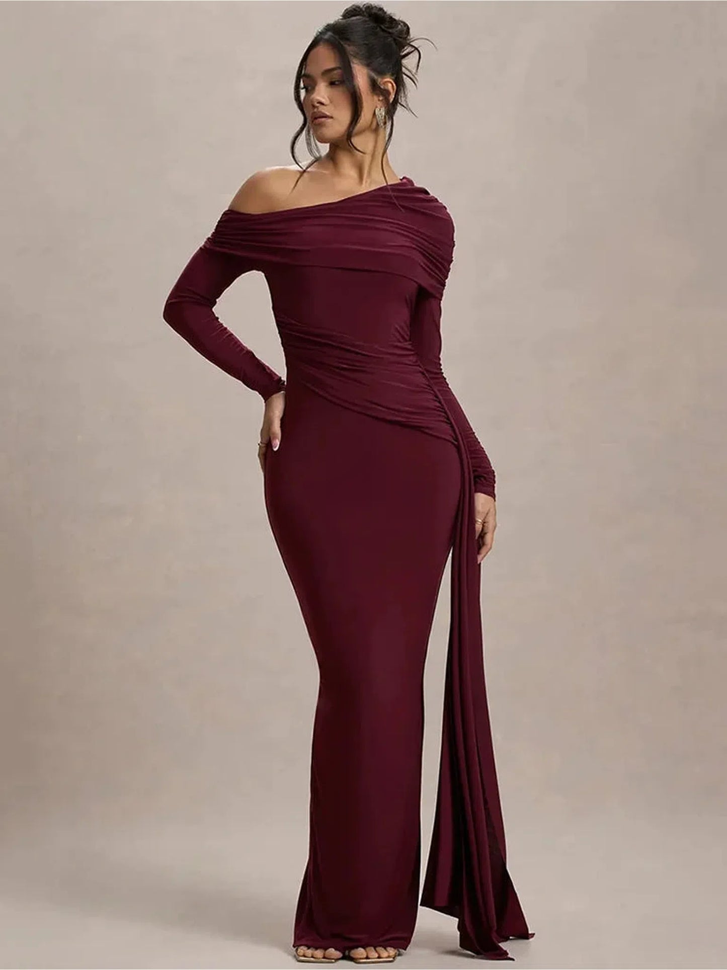 Skew Collar Long Sleeve Sexy Maxi Dress For Women