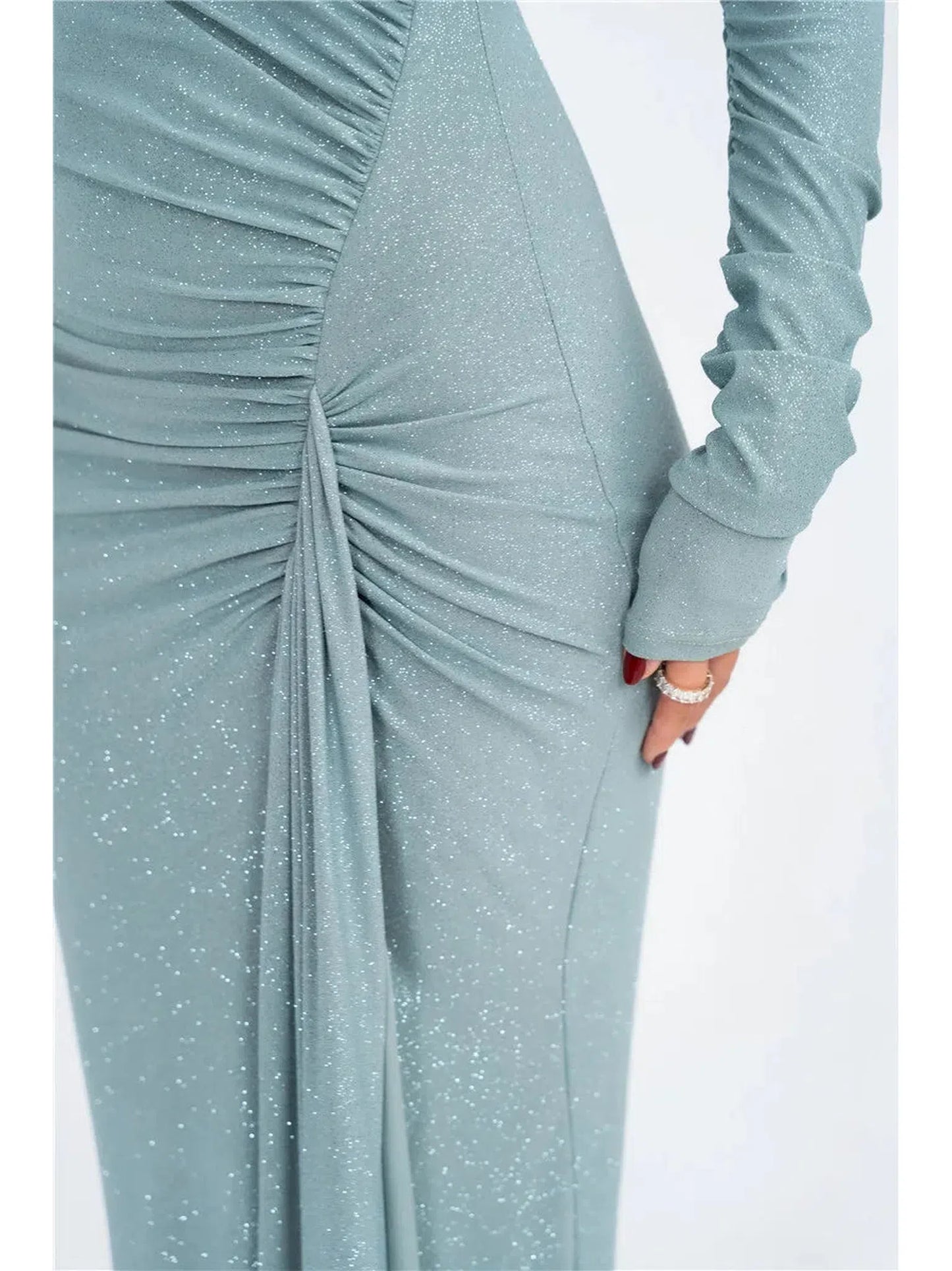 Sparkle Long Sleeve Ruched Maxi Dress With Thigh High Split