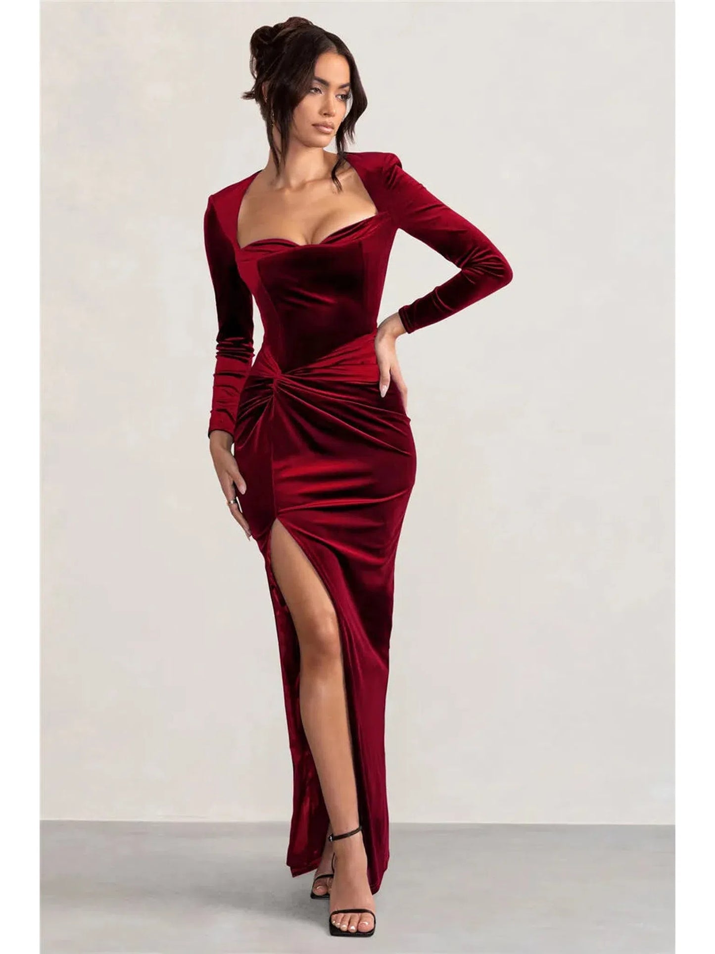 Square Collar Long Sleeve Velvet Maxi Dress