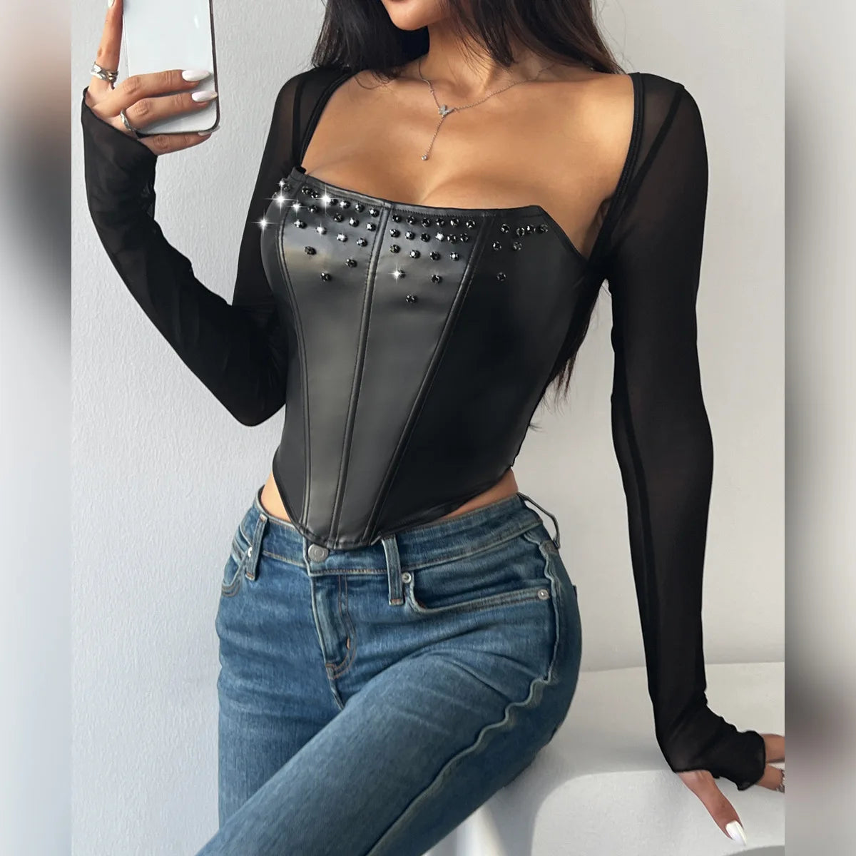 Long Sleeve PU Leather Bralette with Diamond Embellishment