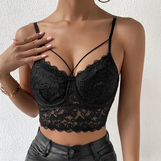 Black Lace Embroidery Halter Crop Top