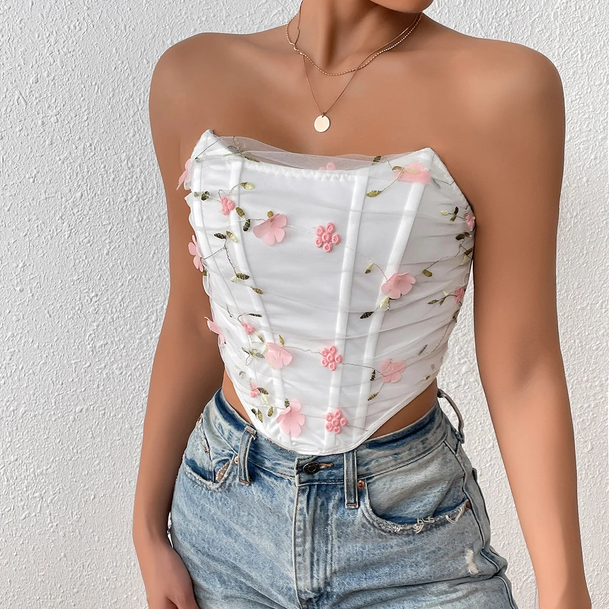 Lace Floral Embroidery Strapless Crop Top