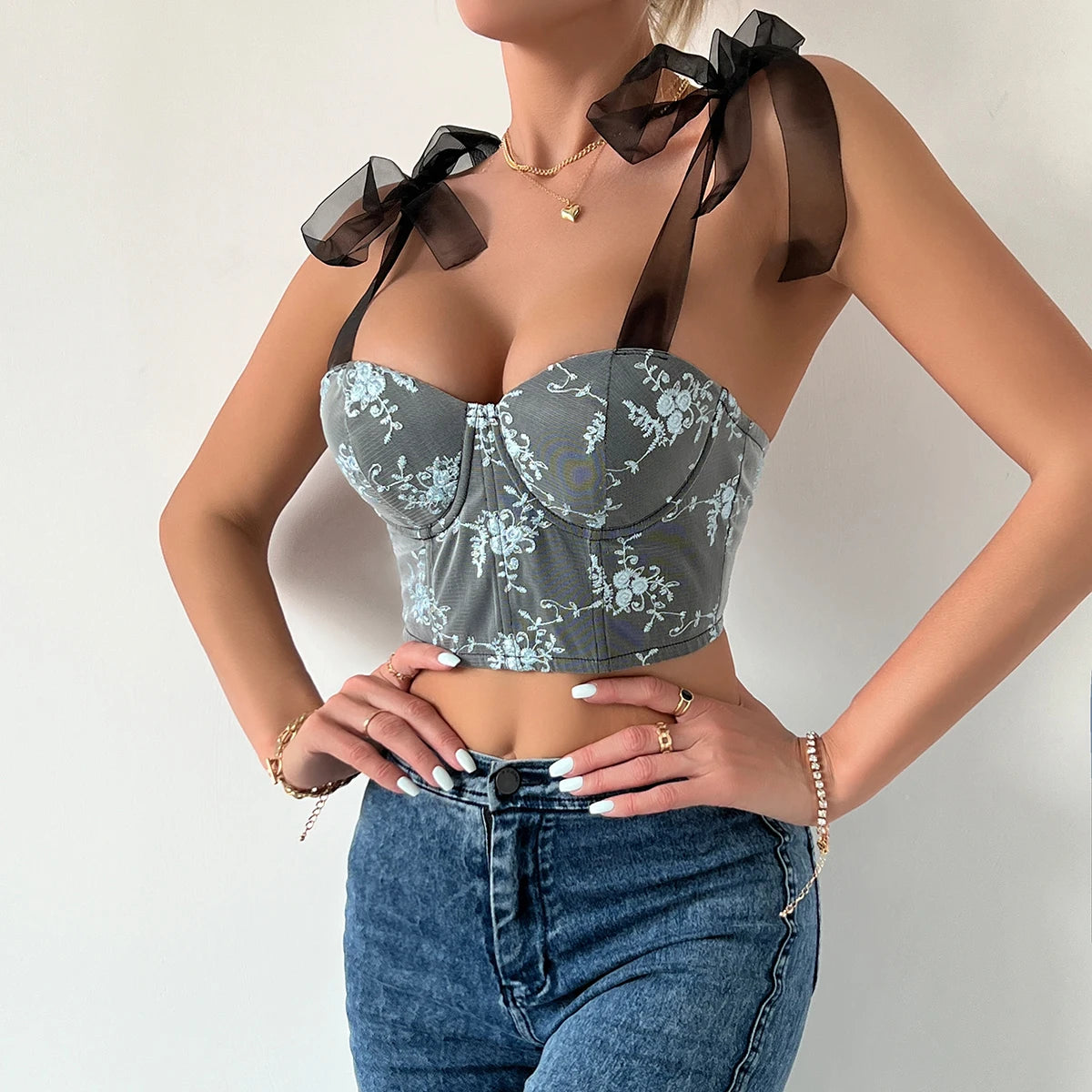 Floral Embroidery Backless Halter Crop Top