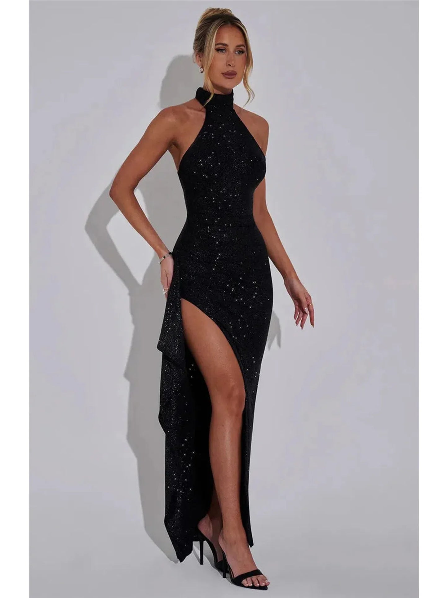 Sparkle Thigh High Split Maxi Dress Black Sleeveless Gown