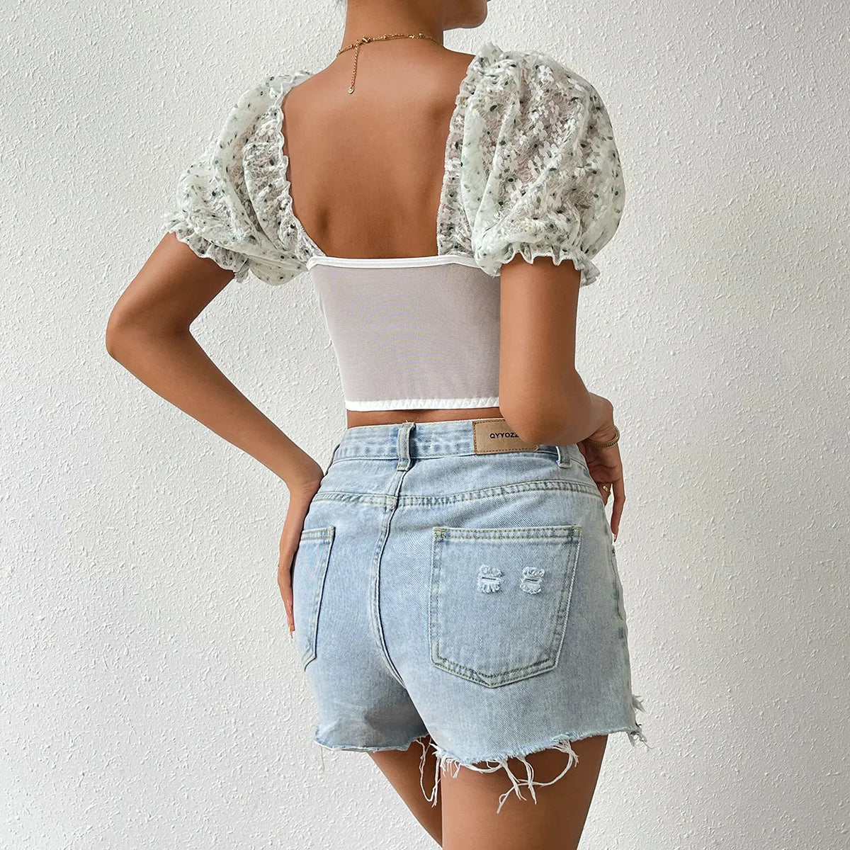 Lace Embroidery Backless Puff Sleeve Crop Top