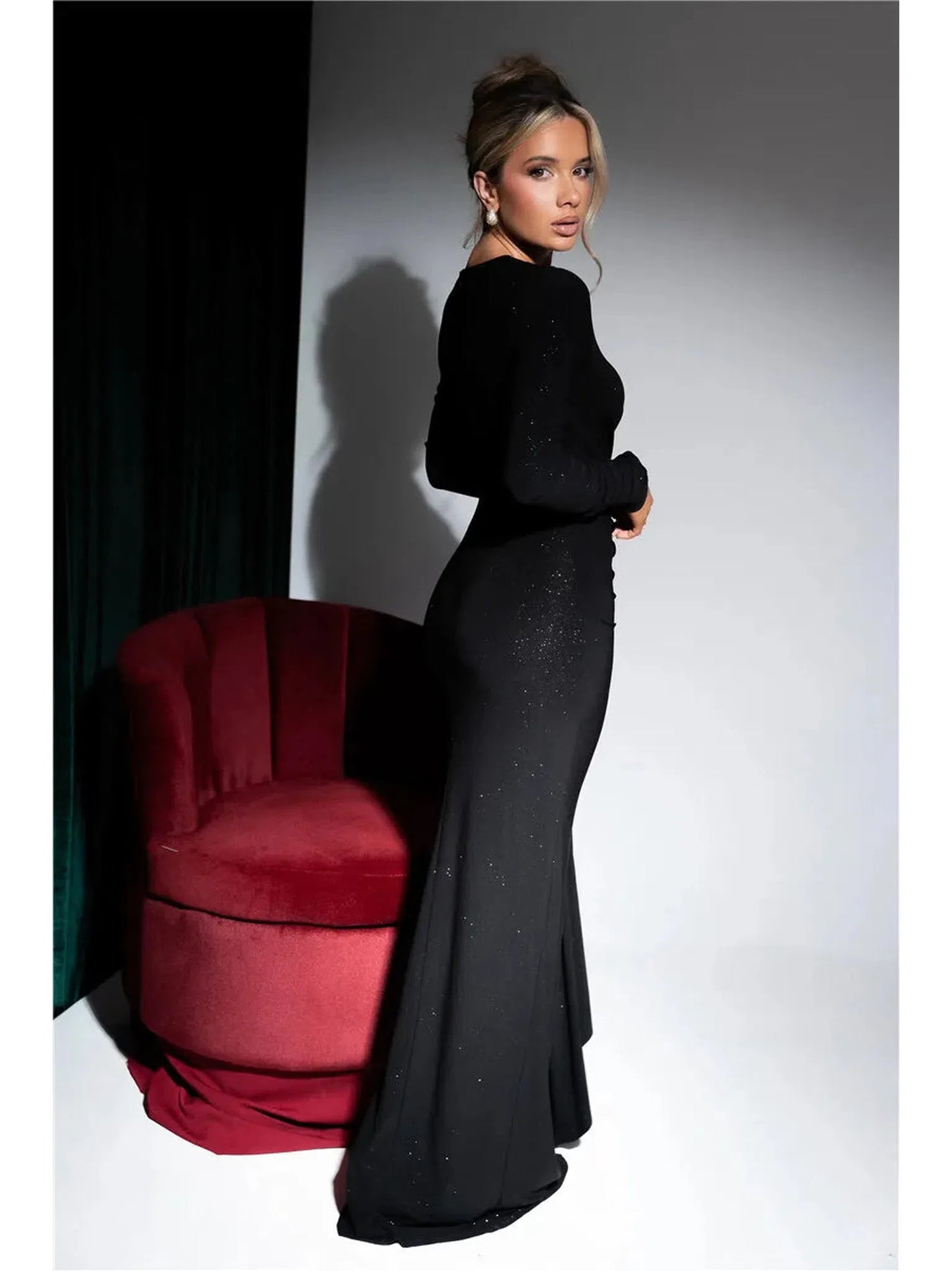 Sparkle Long Sleeve Ruched Maxi Dress With Thigh High Split