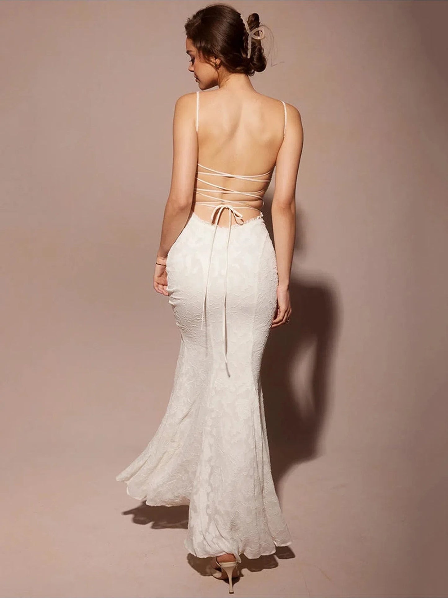 White Backless Lace-Up Maxi Dress For Women