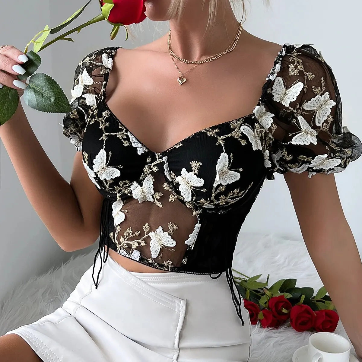 Sexy Mesh See-Through Crop Top with Butterfly Embroidery