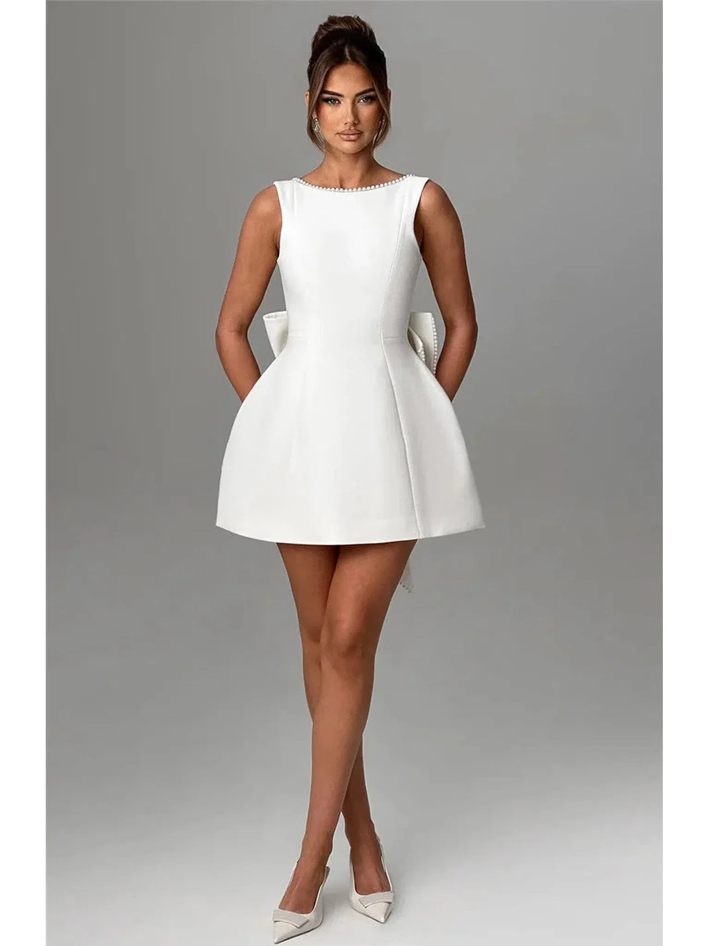 Pearl Bow Backless Mini Dress For Women