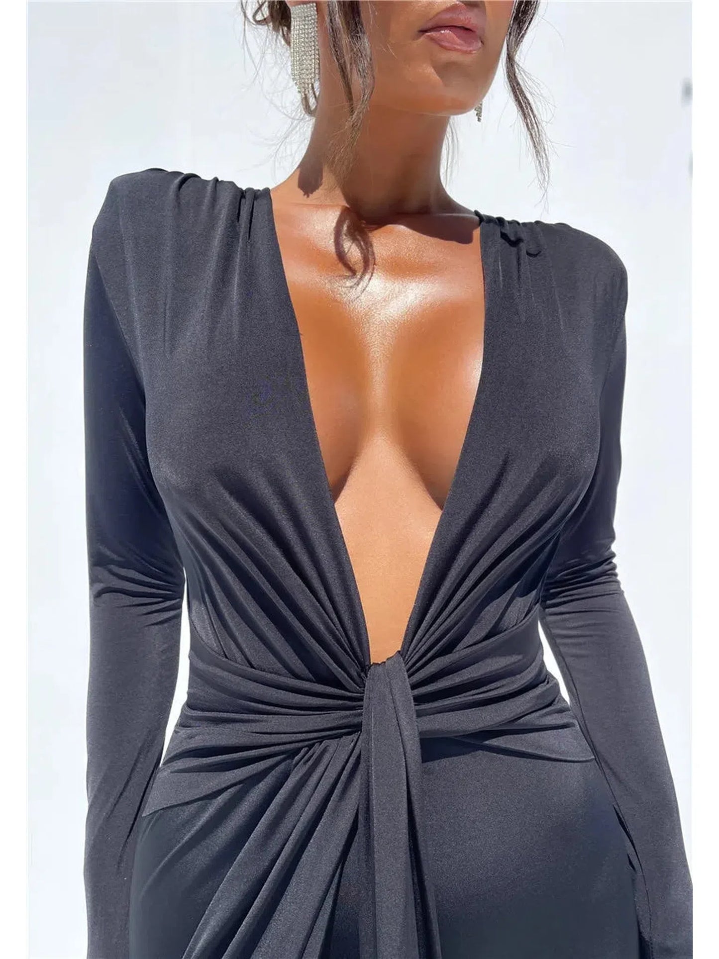 Deep V Neck Long Sleeve Maxi Dress Women Elegant Clubwear