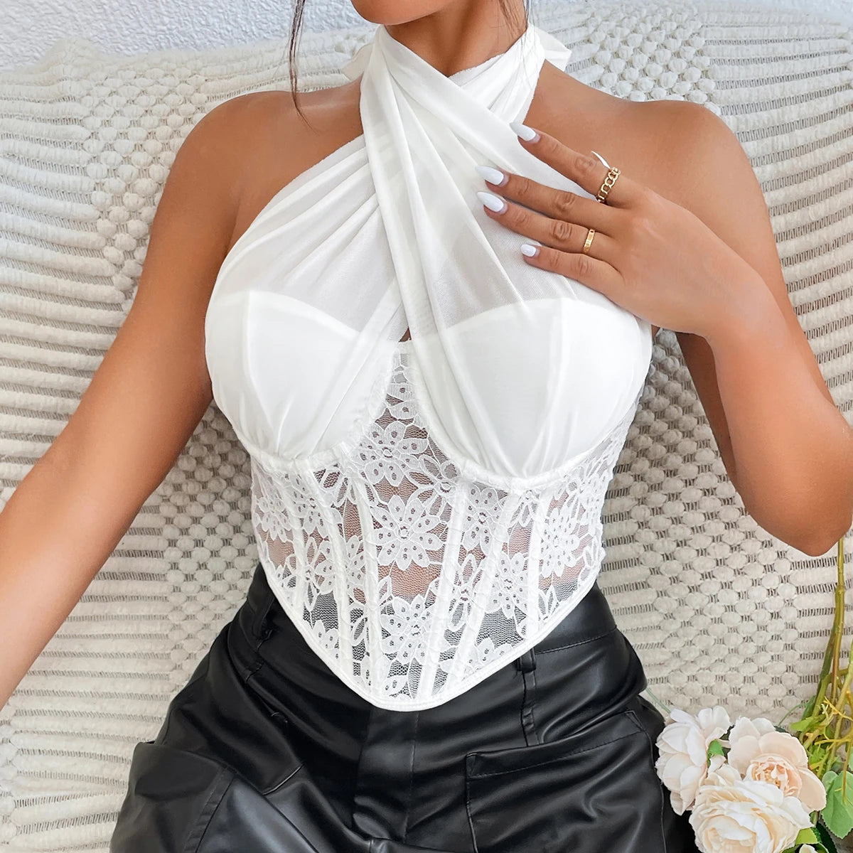 Sheer Lace Hollow Mesh Backless Crop Top