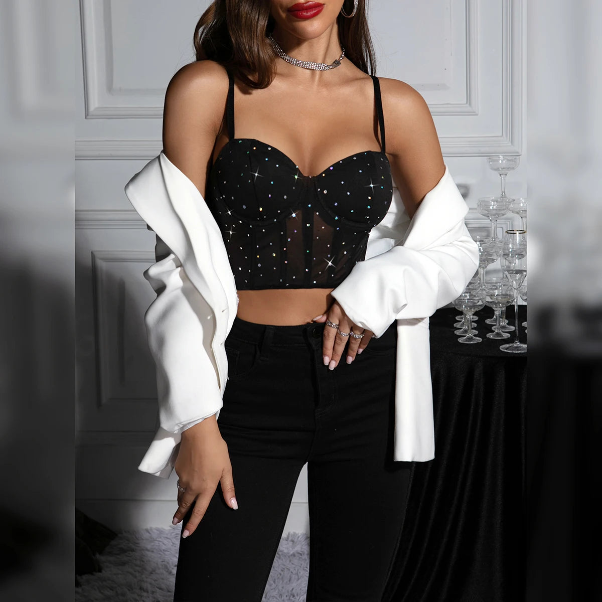 Black Sequin Halter Crop Top with Mesh Detail