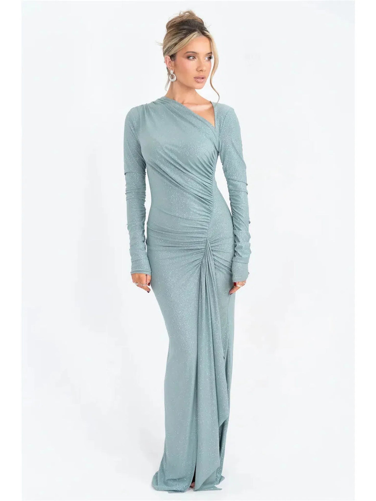 Sparkle Long Sleeve Ruched Maxi Dress With Thigh High Split