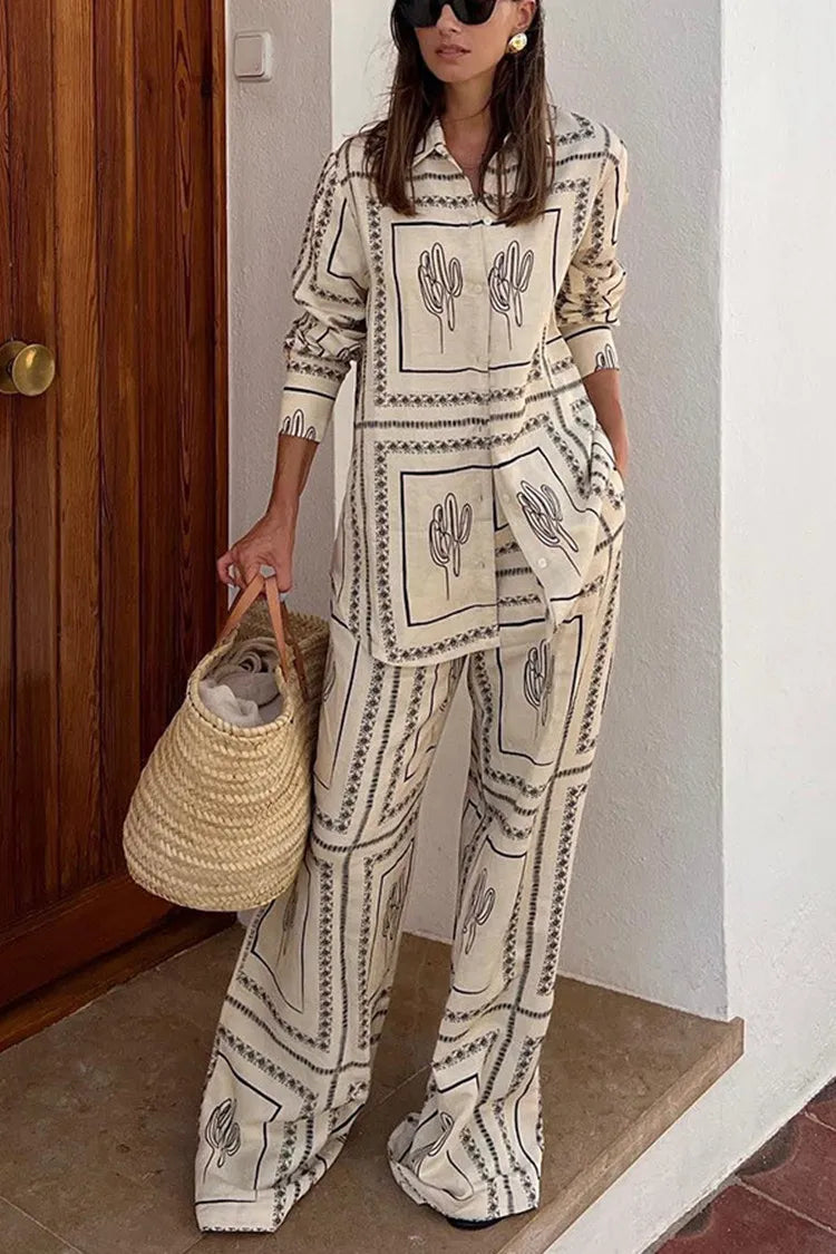 Stylish Printed Shirt and Wide Leg Pants Set