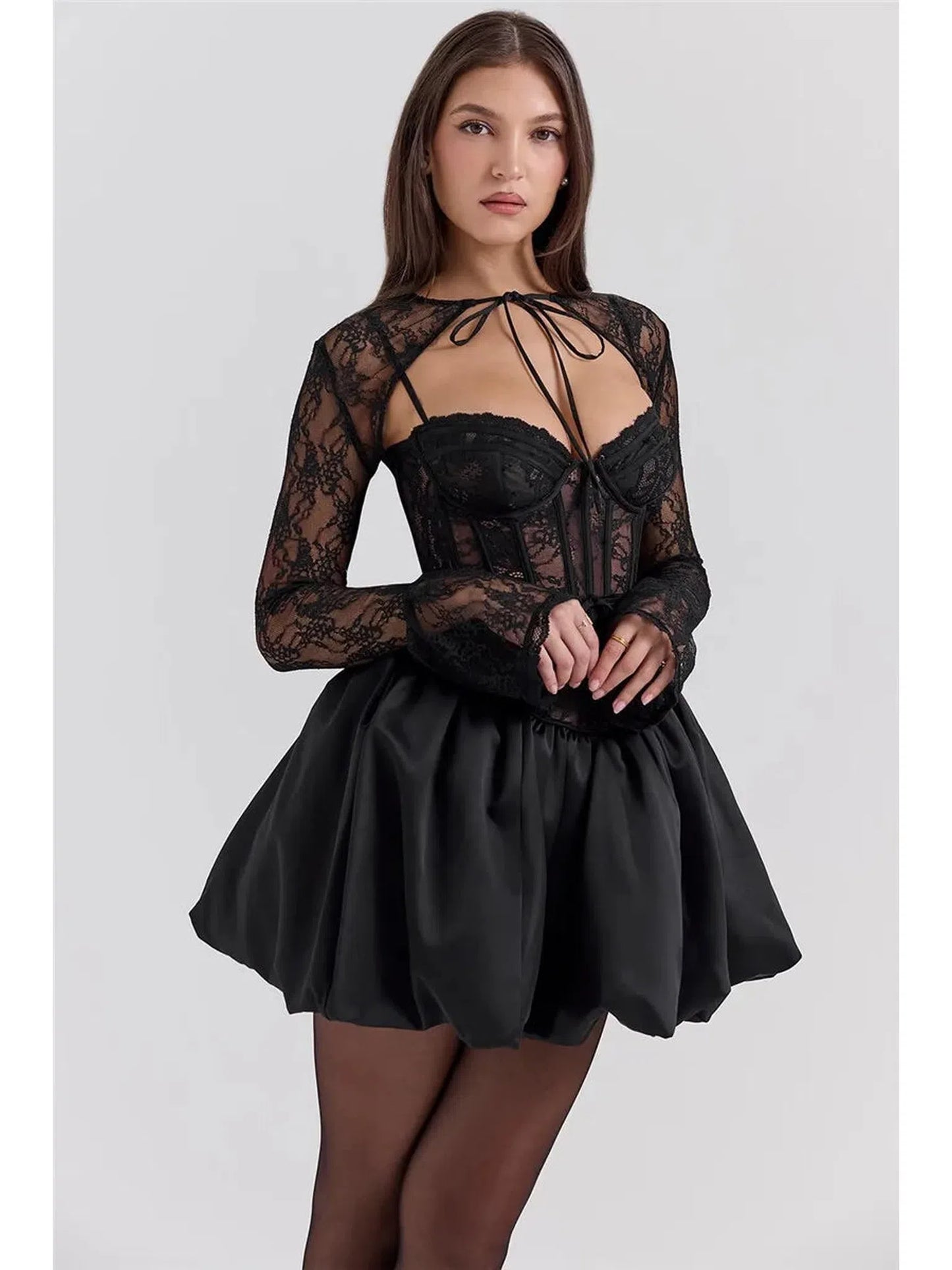 Black Lace Puffball Mini Dress with Sheer Sleeves