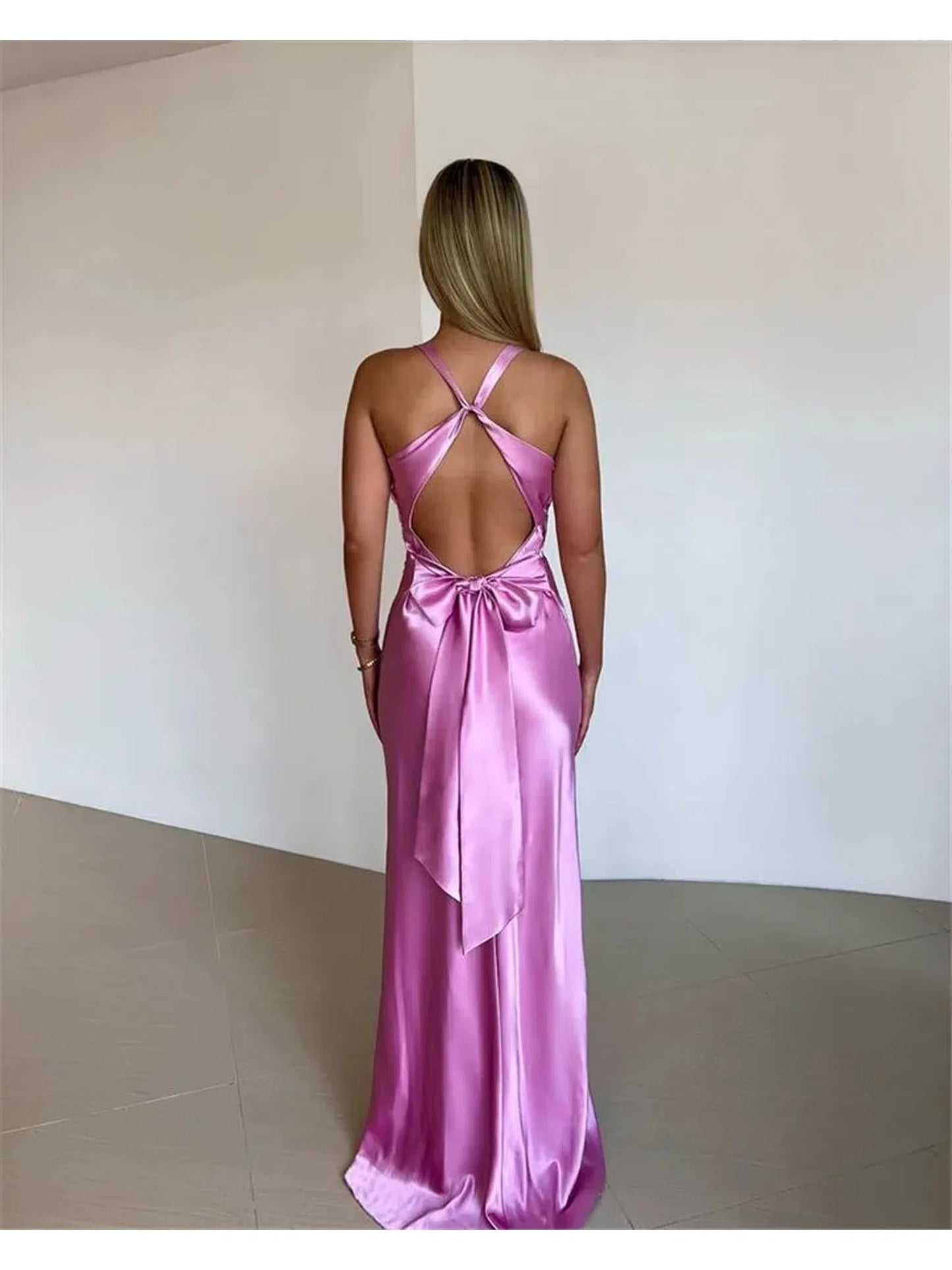 Satin Bow Backless Maxi Dress For Women Elegant Gown