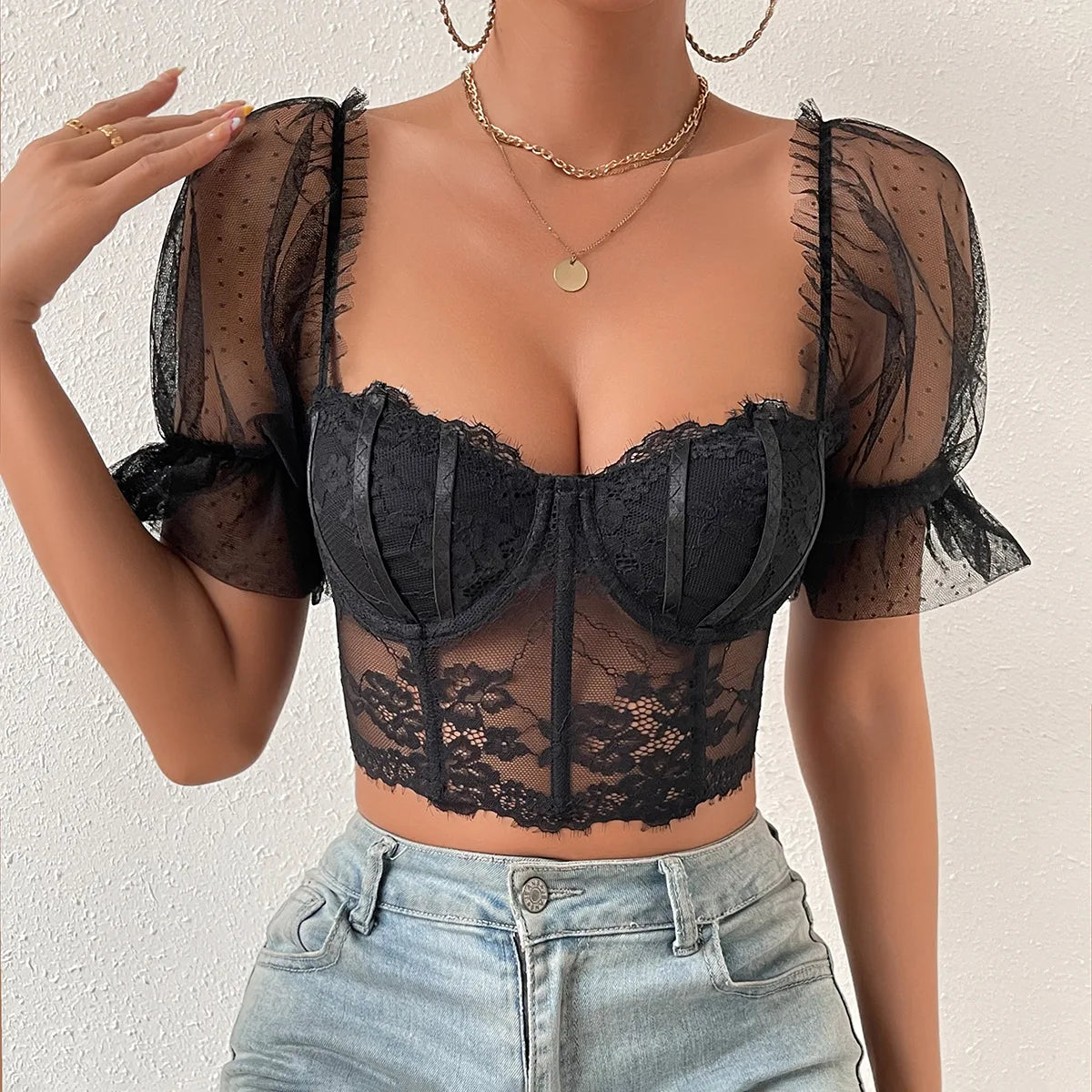 Bare Shoulder V-Neck Sheer Puff Sleeve Crop Top