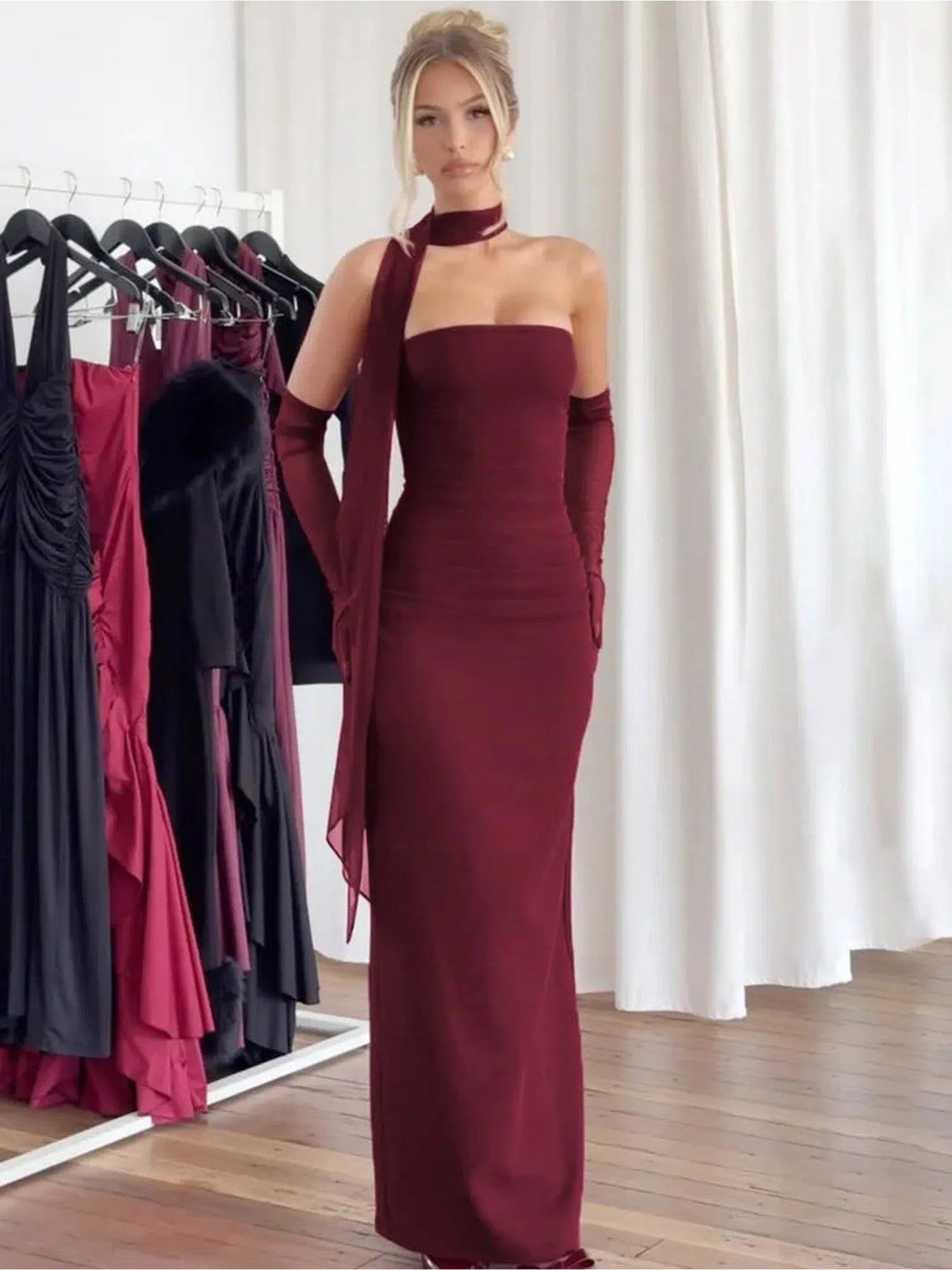 Burgundy Strapless Backless Maxi Dress For Women