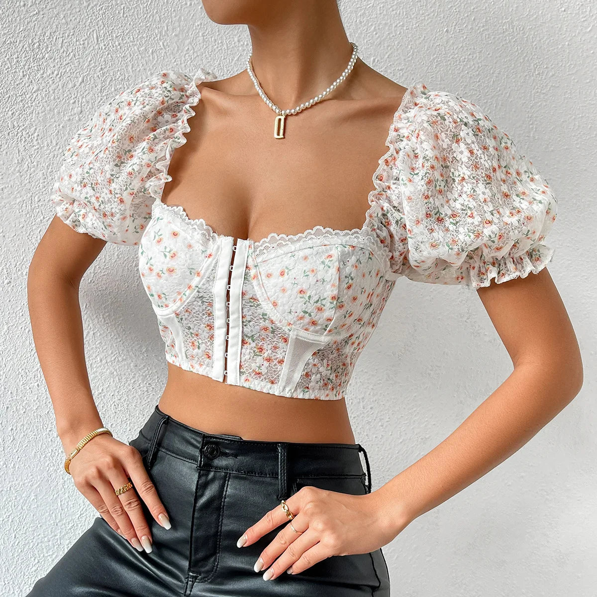 Lace Embroidery Backless Puff Sleeve Crop Top