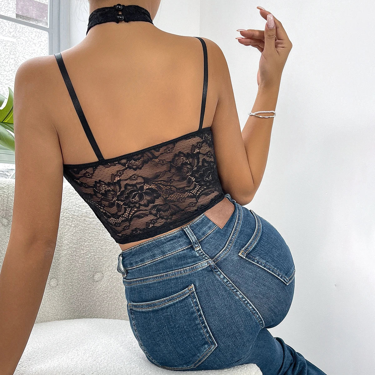 Sheer Embroidery Lace Backless Crop Top