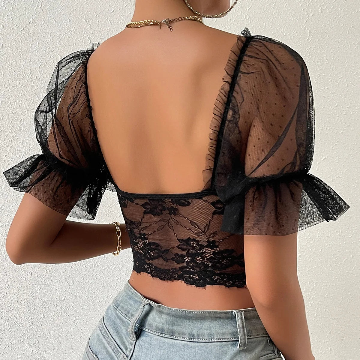 Bare Shoulder V-Neck Sheer Puff Sleeve Crop Top