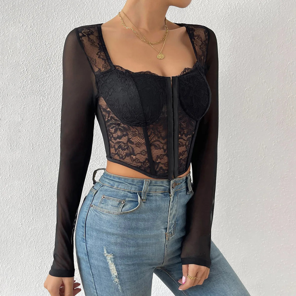 Backless Lace Long Sleeve Floral Crop Top