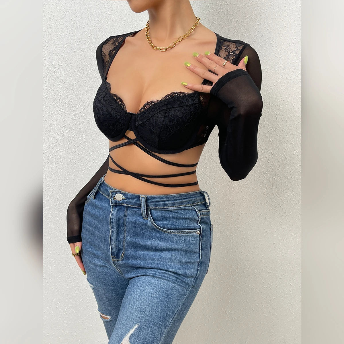 V-Neck Hollow Mesh Long Sleeve Crop Top