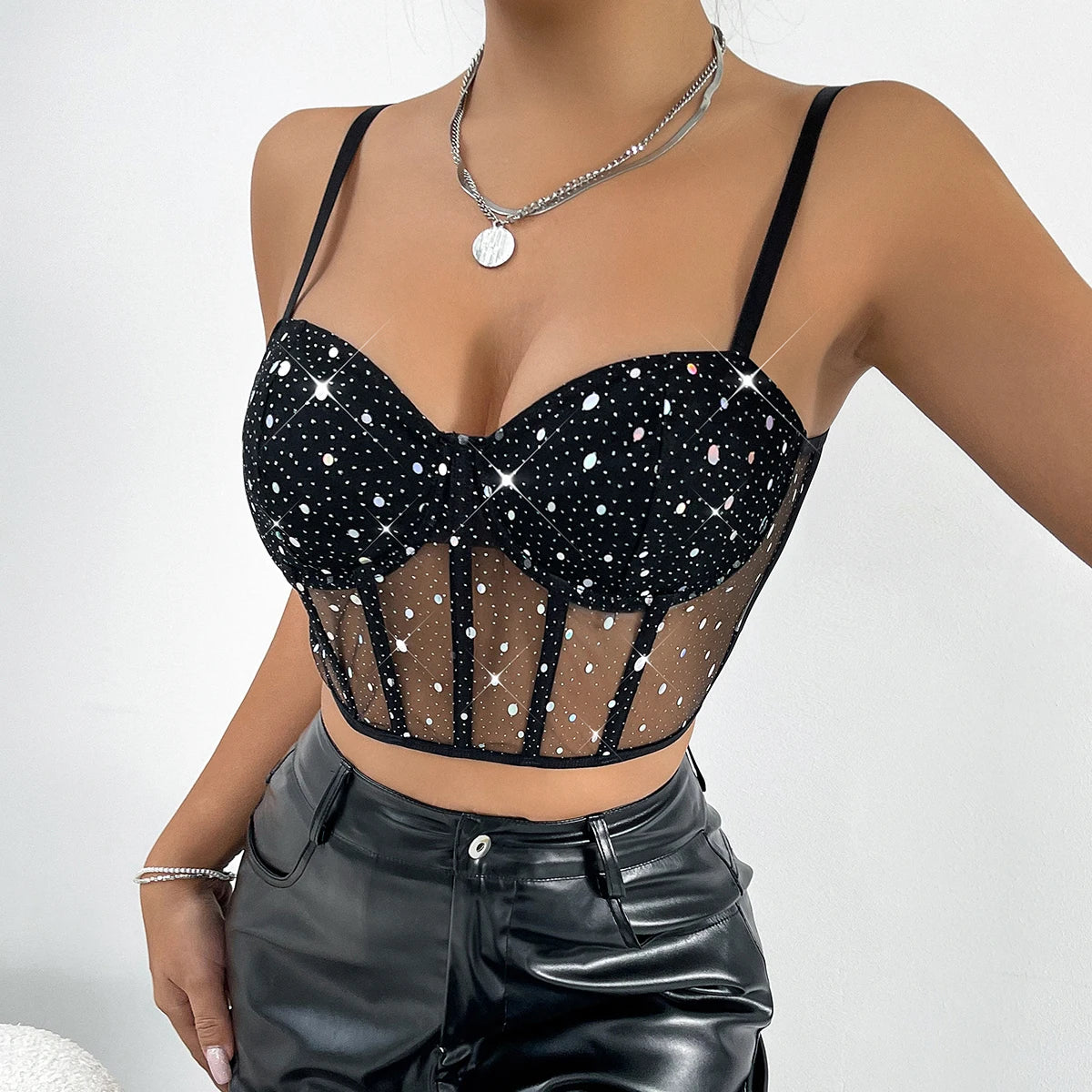 Hollowing Mesh Backless Sling Crop Top with Sequin Detail