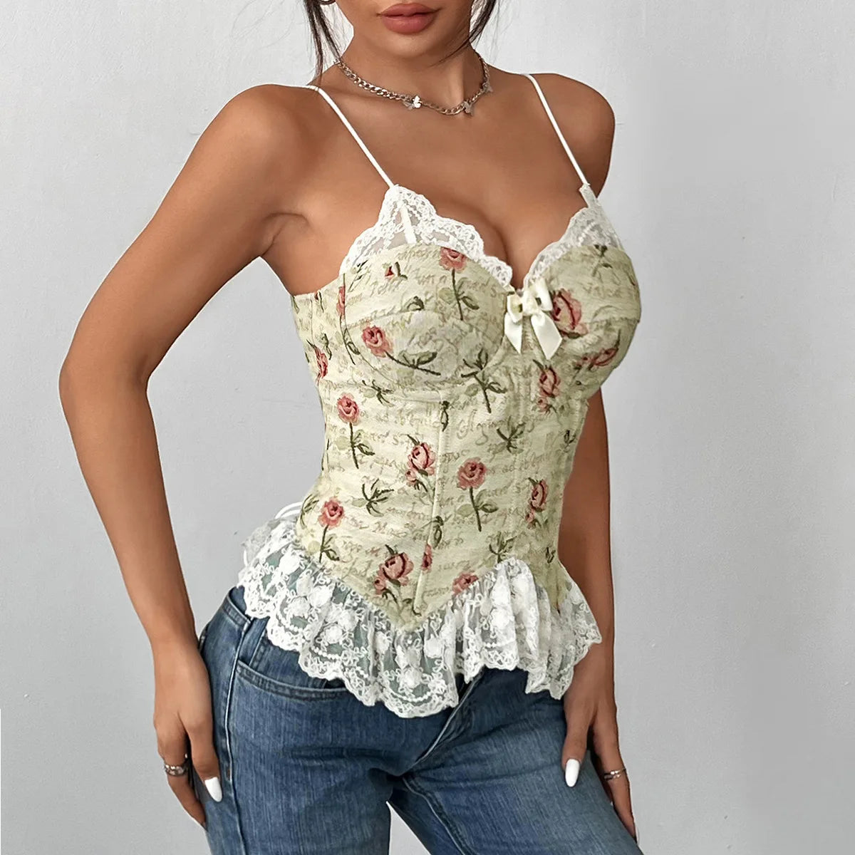 Vintage Lace Trim Halter Crop Top