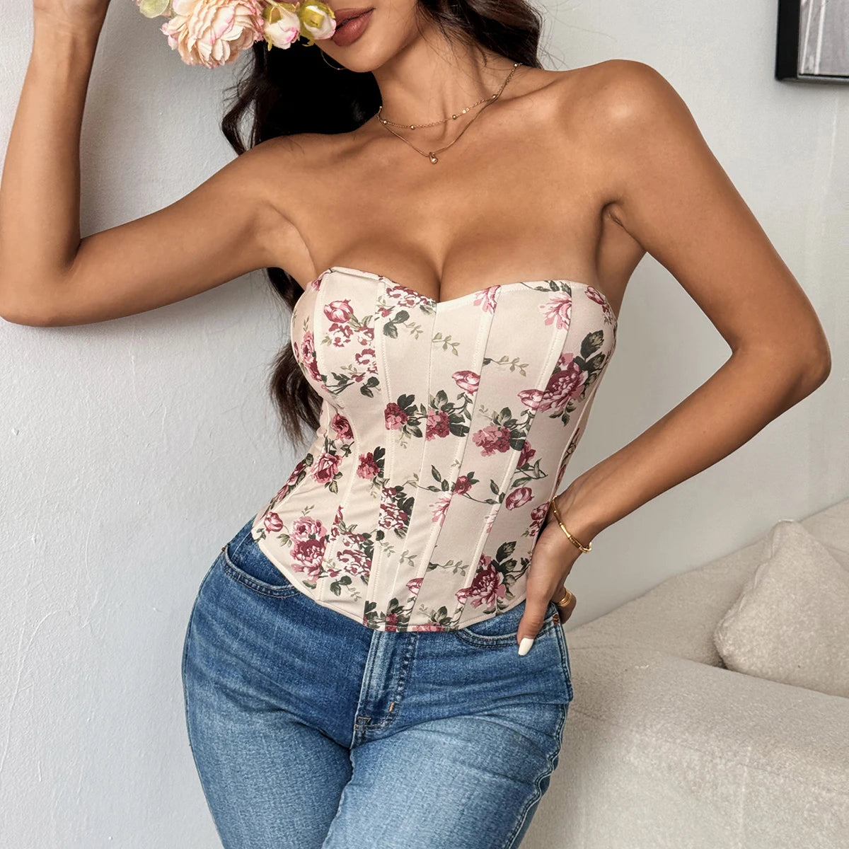 Printed Bare Shoulder Y2K Crop Top