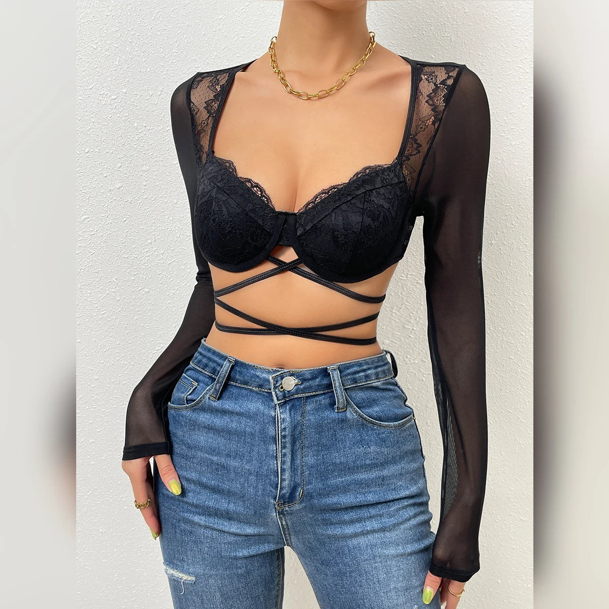 V-Neck Hollow Mesh Long Sleeve Crop Top