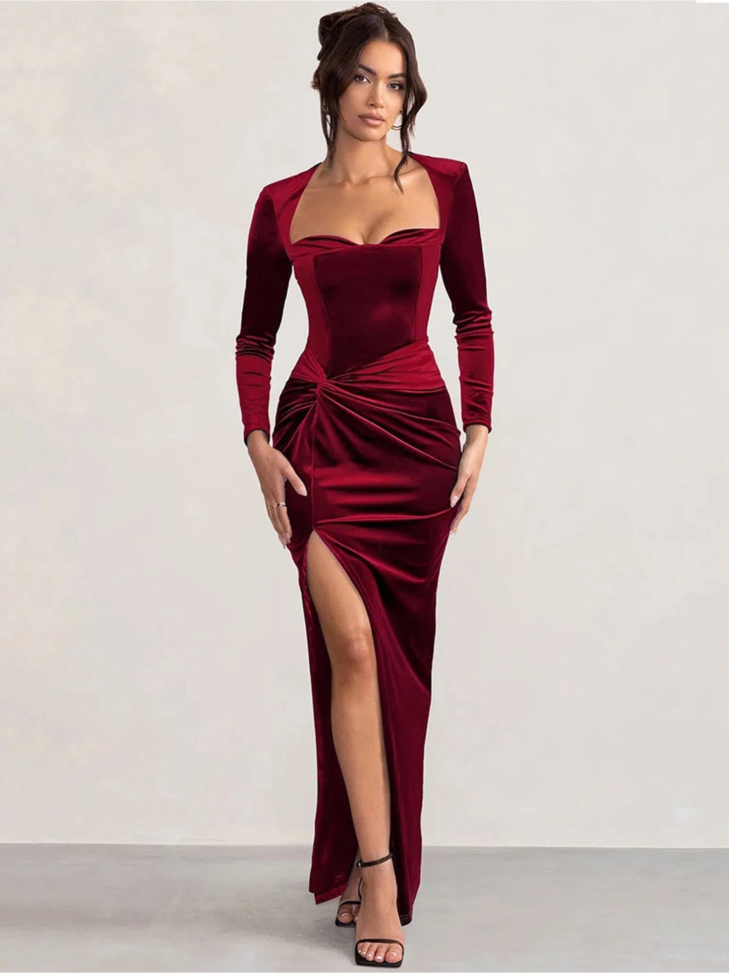 Square Collar Long Sleeve Velvet Maxi Dress