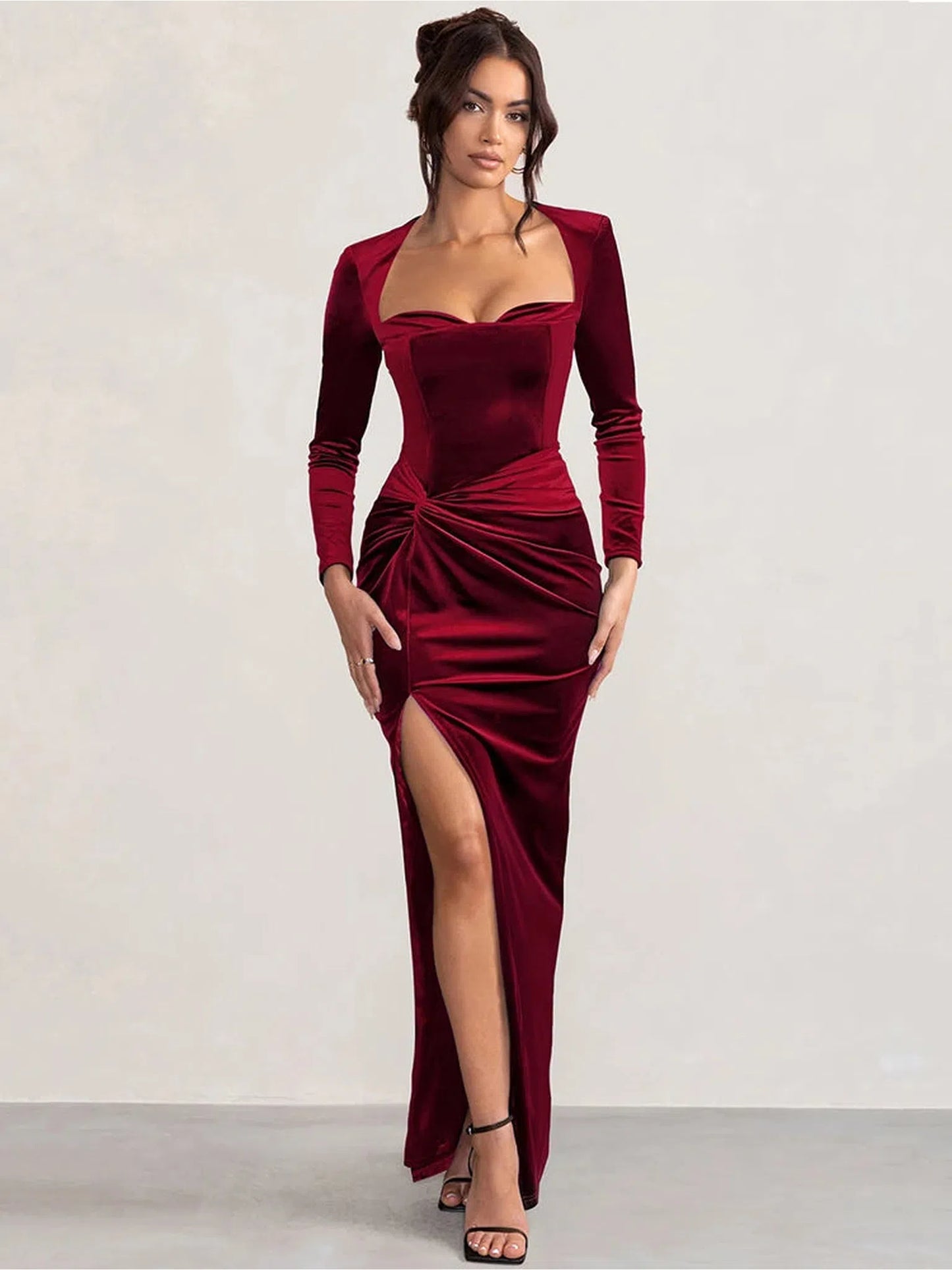 Square Collar Long Sleeve Velvet Maxi Dress