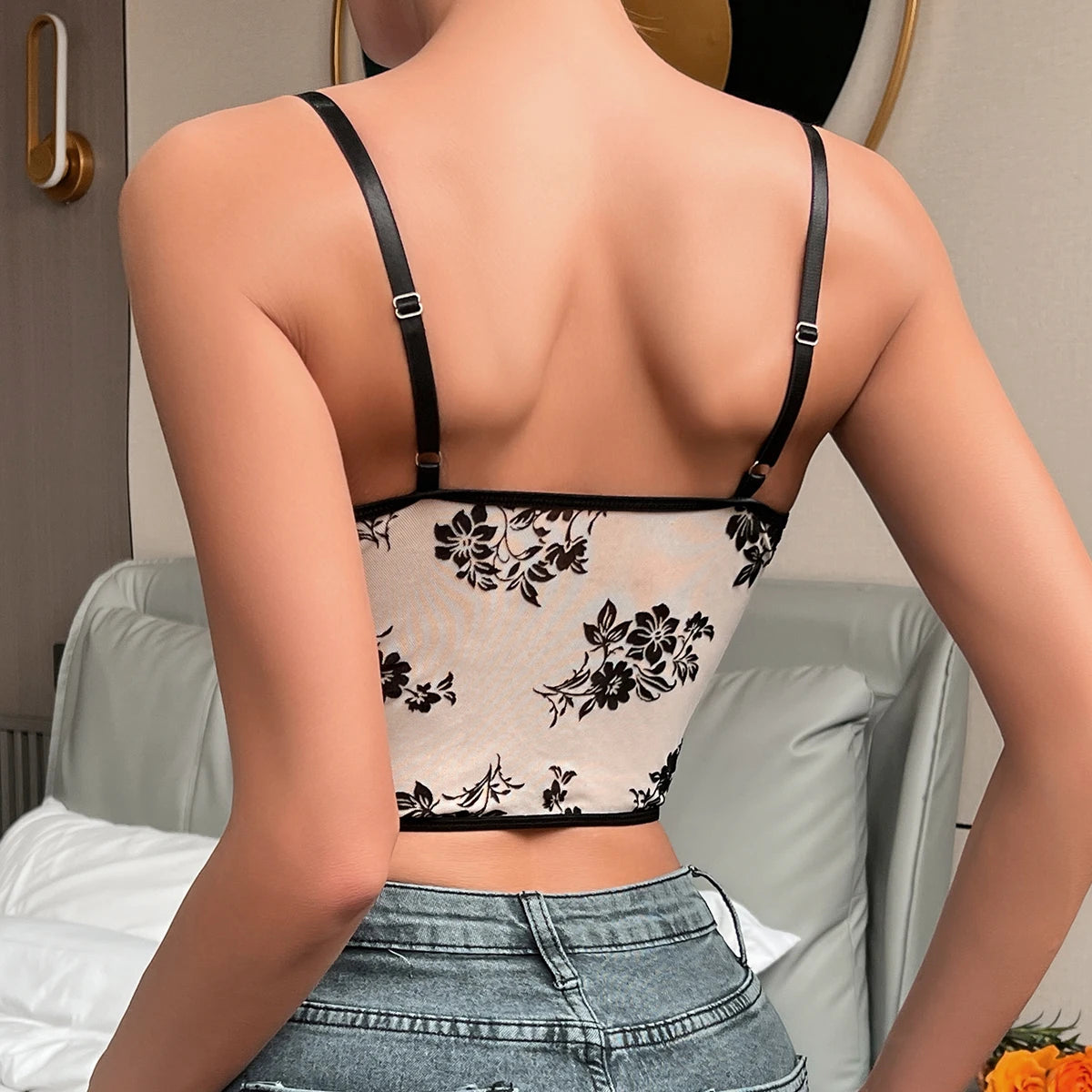 Hollow Mesh See Through Lace Crop Top