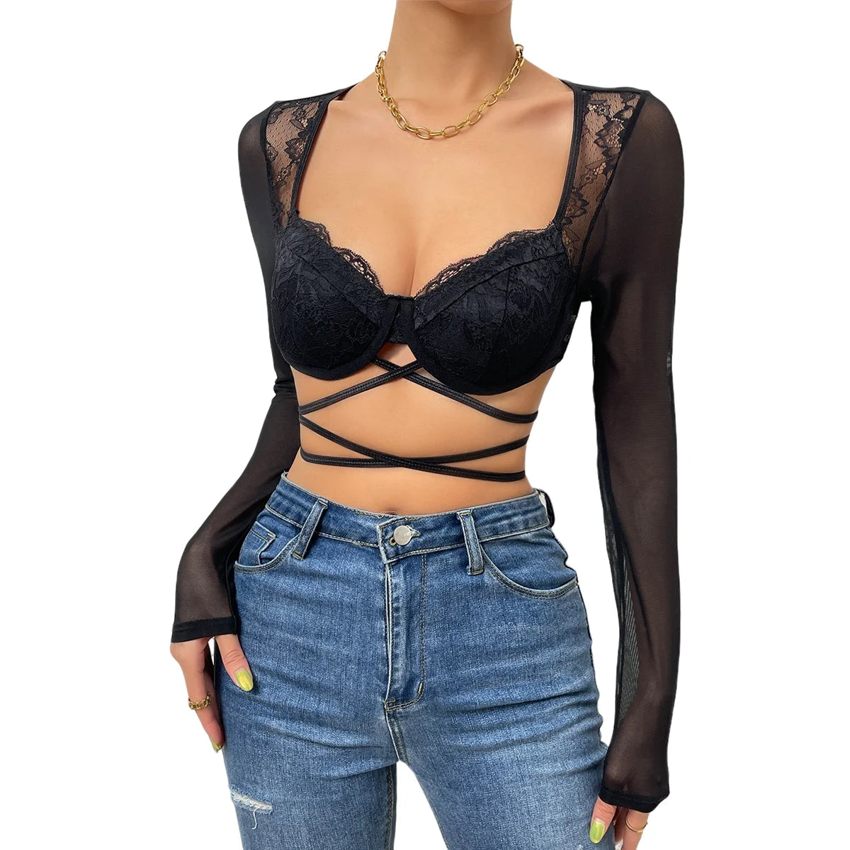 V-Neck Hollow Mesh Long Sleeve Crop Top