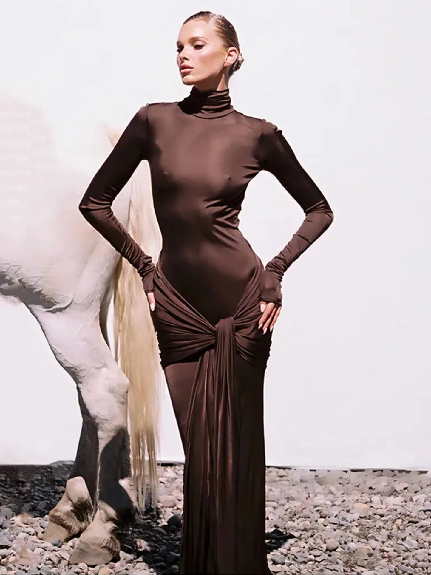 Turtleneck Long Sleeve Maxi Dress Femme Evening Wear