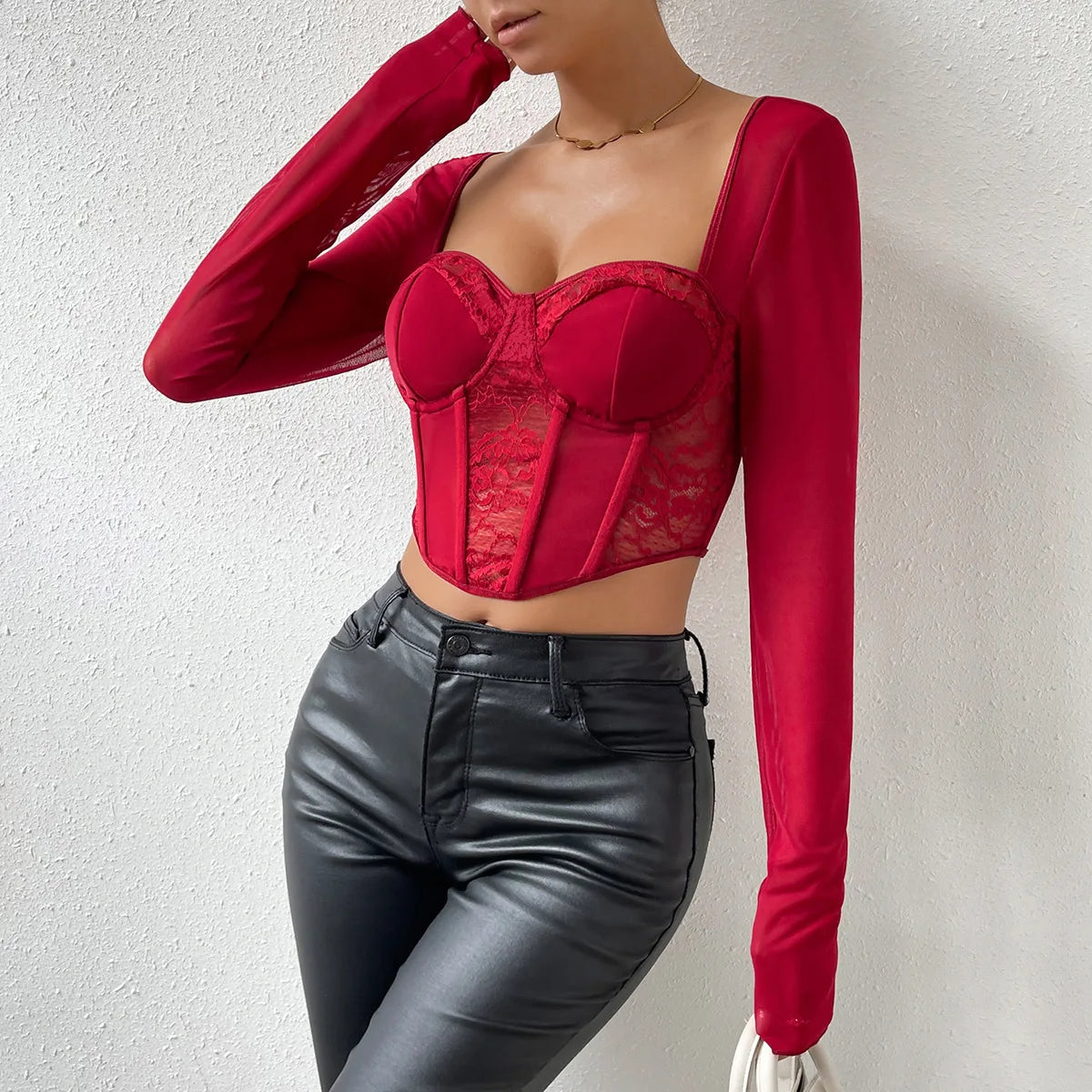 Autumn Chic Sexy V Neck Long Sleeve Mesh Crop Top